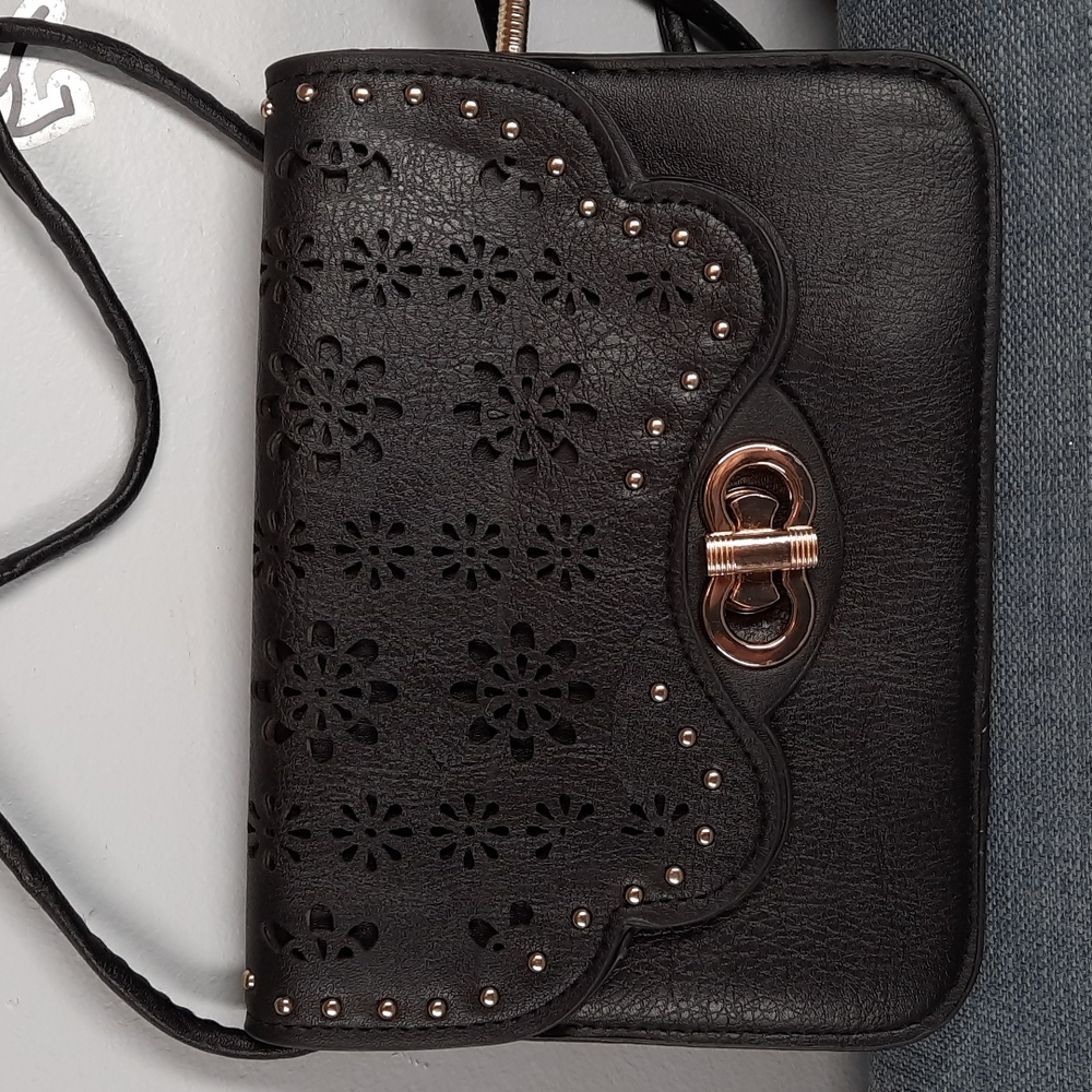 Black Small Crossbody Flower Laser Cut Designed Flap Gold Turn Lock Closure